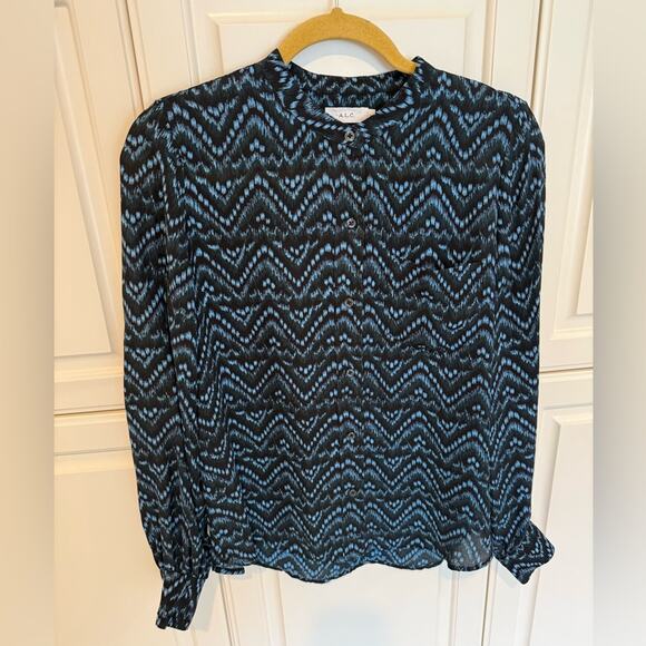 A.L.C. Women's Long Sleeve Button Down Blouse Blue Black Size 0 100% Silk - Picture 3 of 9